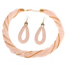Zestaw naszyjnika i kolczyków, jasno różowa siatka z przejrzystymi kryształkami, łańcuszki