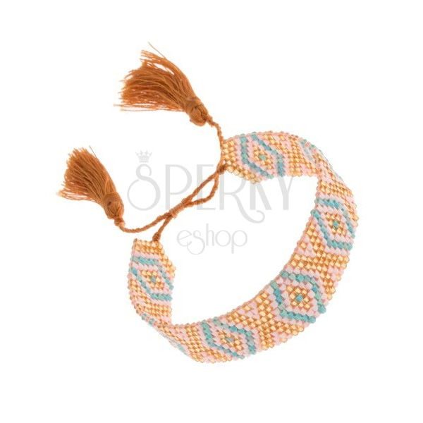 Błyszcząca koralikowa bransoletka, turkusowo-biało-złoty kolor, indiański wzór