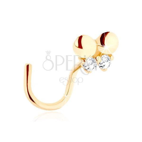 Złoty piercing do nosa 585 - zagięty, drobny motylek ozdobiony przejrzystymi cyrkoniami