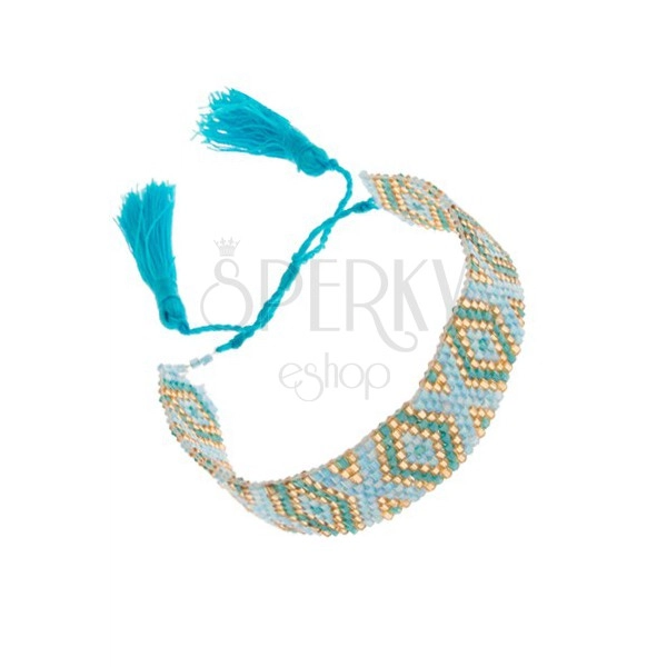 Koralikowa bransoletka z indiańskim motywem, niebieski, turkusowy i złoty kolor 