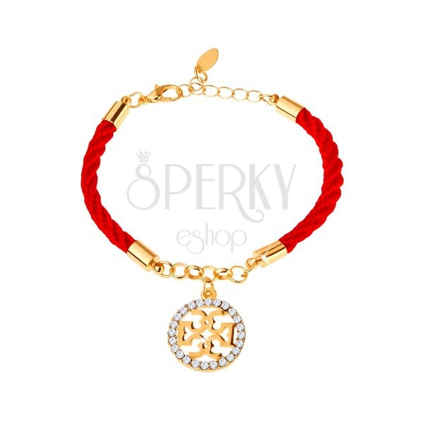 Bransoletka, czerwony sznurek, ornament w złotym kolorze, przejrzyste cyrkonie, karabińczyk