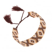 Koralikowa bransoletka z indiańskim motywem, brązowy, biały i złoty kolor
