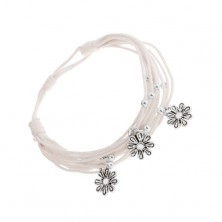 Regulowana bransoletka - splot białych sznurków, stalowe kuleczki i kwiatki