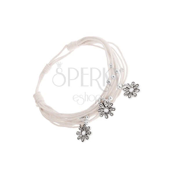 Regulowana bransoletka - splot białych sznurków, stalowe kuleczki i kwiatki