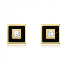 Złote kolczyki 585 - kwadrat zdobiony czarną emalią, przejrzysta cyrkonia