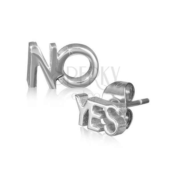 Stalowe kolczyki z wysokim połyskiem, napisy YES i NO, srebrny kolor