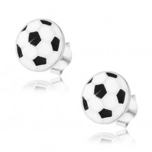 Srebrne kolczyki 925, płaska piłka do piłki nożnej, czarna i biała emalia