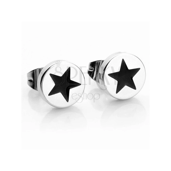 Okrągłe stalowe kolczyki w srebrnym kolorze, czarna gwiazdeczka