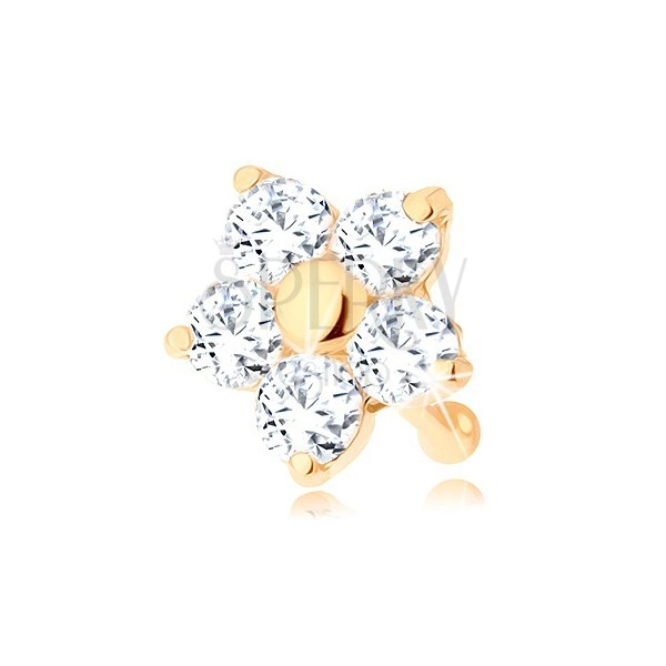 Złoty piercing do nosa 585 - prosty, błyszczący kwiatek z przejrzystych cyrkonii