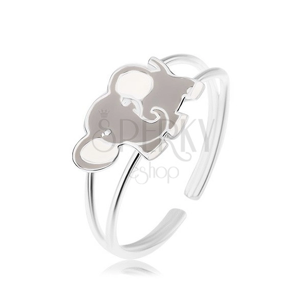 Lśniący pierścionek, srebro 925, słonik pokryty szarą i białą emalią