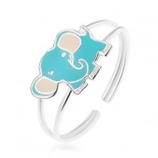 Srebrny pierścionek 925, mały słonik, niebieska i biała emalia
