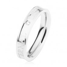 Stalowy pierścionek srebrnego koloru, wydrążony środek, przezroczysta cyrkonia, ETERNAL LOVE