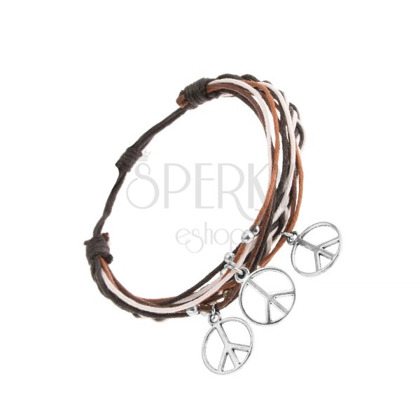 Pleciona bransoletka z brązowych, czarnych i białych sznurków, kuleczki i symbole pokoju
