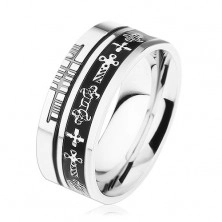 Stalowy pierścionek srebrnego koloru, czarne paski, celtyckie symbole