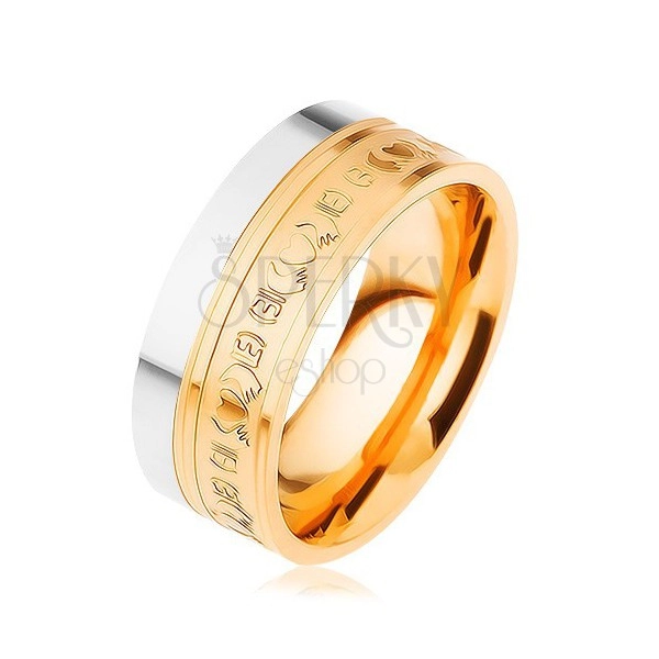 Stalowy pierścionek, dwukolorowy - srebrny i złoty odcień, ornamenty, 8 mm