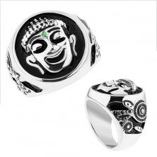 Masywny pierścionek, stal 316L, srebrny kolor, czarna emalia, uśmiechnięty Budda