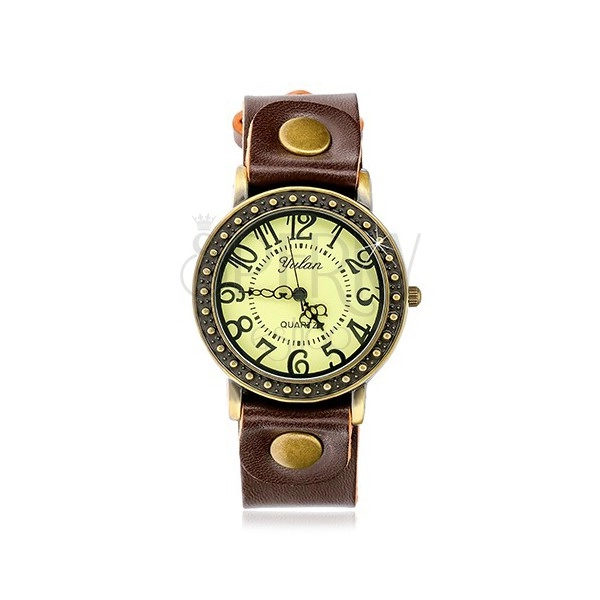 Analogowy zegarek na rękę, brązowy pasek, okrągły cyferblat