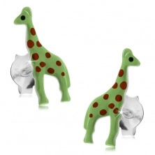 Sztyfty, srebro 925, neonowo zielona żyrafa z czerwonymi kropkami