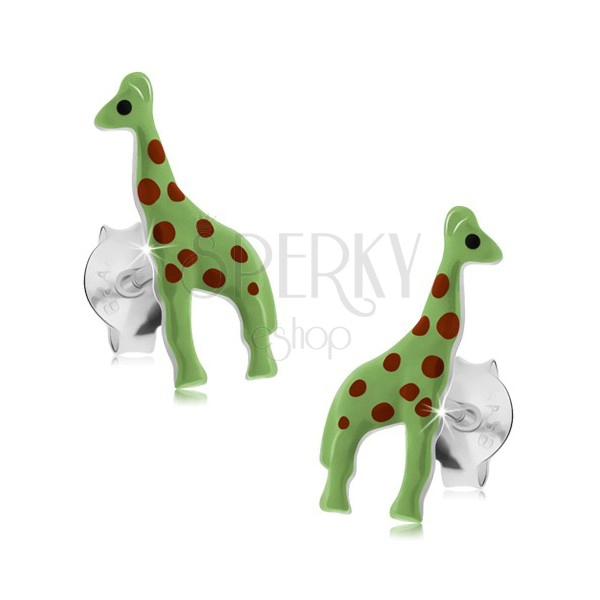 Sztyfty, srebro 925, neonowo zielona żyrafa z czerwonymi kropkami