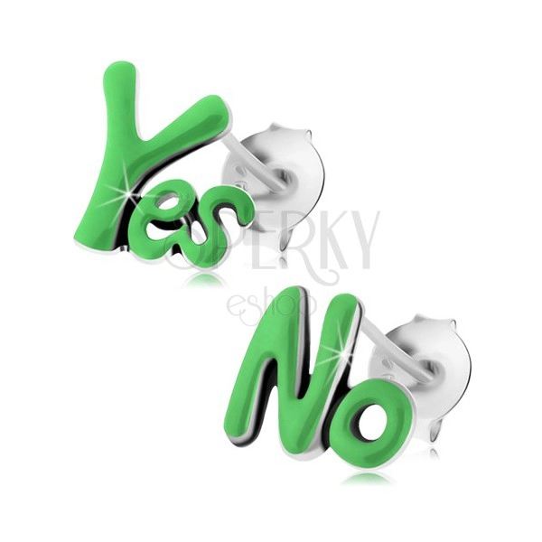 Sztyfty ze srebra 925, patynowane słowa Yes i No, zielona emalia