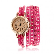 Zegarek na rękę, fałdowany cyferblat, różowy pasek - wybijane paski