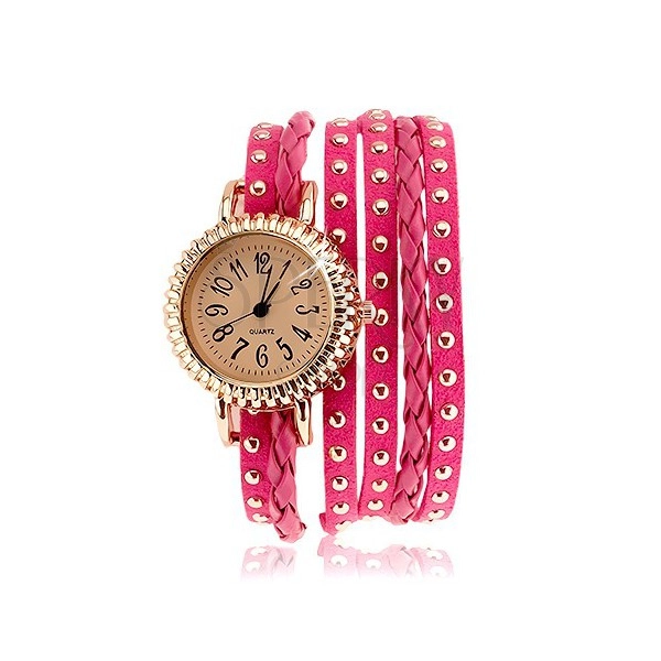 Zegarek na rękę, fałdowany cyferblat, różowy pasek - wybijane paski