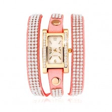 Zegarek analogowy, wąski pasek wyłożony cyrkoniami, różowy kolor