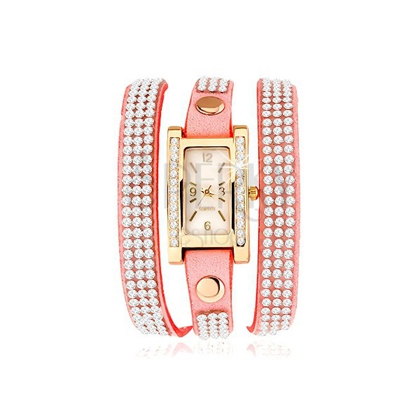 Zegarek analogowy, wąski pasek wyłożony cyrkoniami, różowy kolor