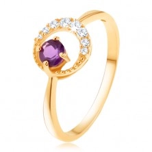Złoty pierścionek 375 - cienki cyrkoniowy półksiężyc, ametyst w fioletowym odcieniu