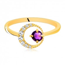 Złoty pierścionek 375 - cienki cyrkoniowy półksiężyc, ametyst w fioletowym odcieniu