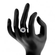 Rodowany srebrny pierścionek 925, słoneczko - niebieska okrągła cyrkonia, podwójna przejrzysta obwódka