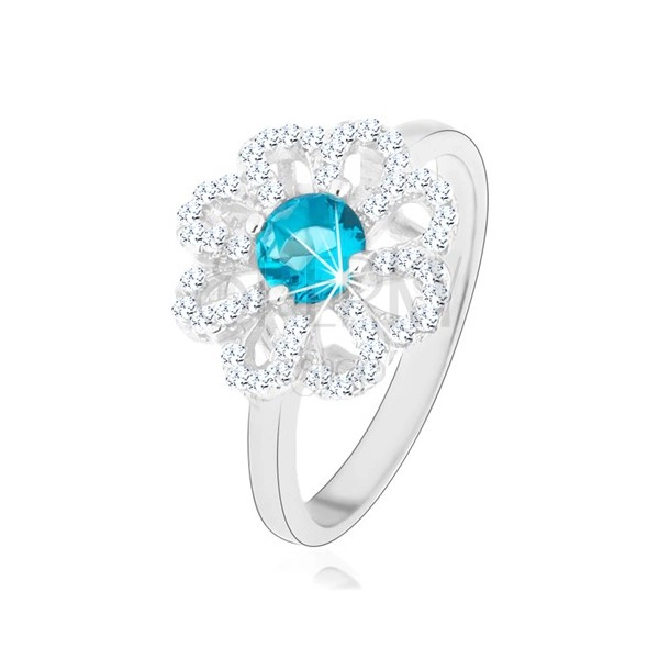 Błyszczący pierścionek, srebro 925, cyrkoniowy kwiat - przejrzyste płatki, jasnoniebieski środek