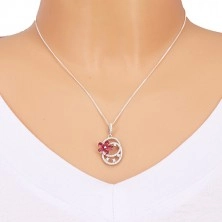 Srebrny wisiorek 925, dwie połączone obręcze, różowy cyrkoniowy kwiatek