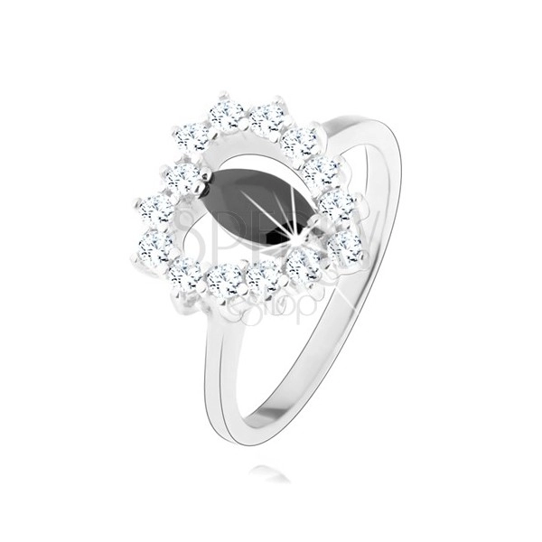 Srebrny pierścionek 925, czarna cyrkonia - ziarenko, sercowy zarys, przejrzyste cyrkonie