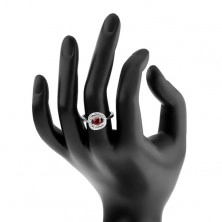 Srebrny pierścionek 925, lśniące ramiona, podwójna obwódka, ciemnoróżowa cyrkonia