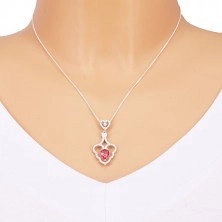 Srebrny wisiorek 925, dwa małe serduszka, falisty kontur serca, różowa kropla