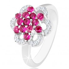 Błyszczący pierścionek, srebro 925, lśniące ramiona, kwiat z różowych i przezroczystych cyrkonii
