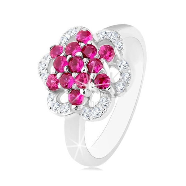 Błyszczący pierścionek, srebro 925, lśniące ramiona, kwiat z różowych i przezroczystych cyrkonii