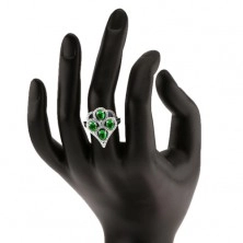 Srebrny pierścionek 925, kiść z zielonych cyrkoniowych łez z przejrzystą obwódką