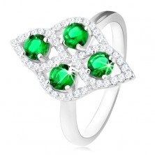 Srebrny pierścionek 925, obły romb, cztery okrągłe zielone cyrkonie, przejrzysta obwódka