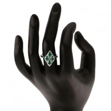 Srebrny pierścionek 925, obły romb, cztery okrągłe zielone cyrkonie, przejrzysta obwódka