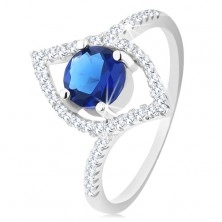 Srebrny 925 pierścionek, błyszczący zarys ziarenka, okrągła niebieska cyrkonia
