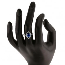 Srebrny 925 pierścionek, błyszczący zarys ziarenka, okrągła niebieska cyrkonia