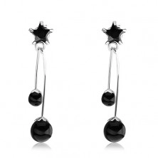 Srebrne kolczyki 925, czarna cyrkoniowa gwiazdeczka, dwie czarne perły