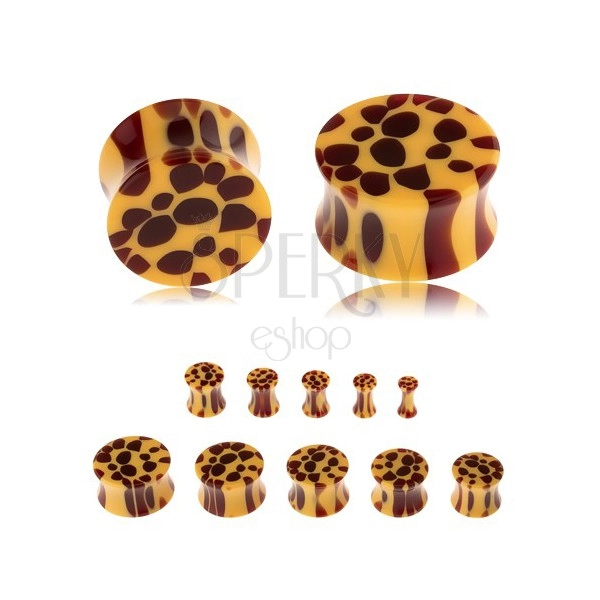 Siodłowy plug do ucha a akrylu, żółty kolor, brązowe centki - wzór leoparda
