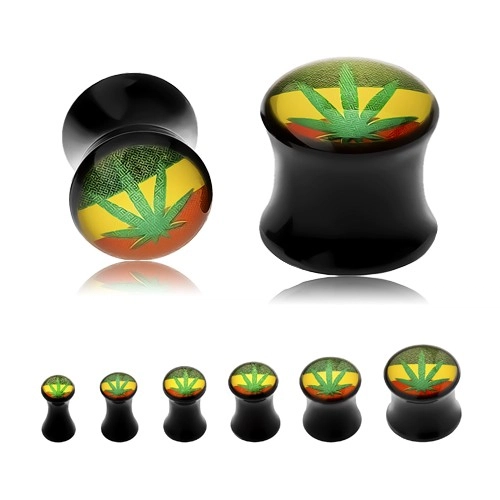 Czarny siodłowy plug do ucha, zielona marihuana, tło w rasta kolorach - Szerokość: 10 mm