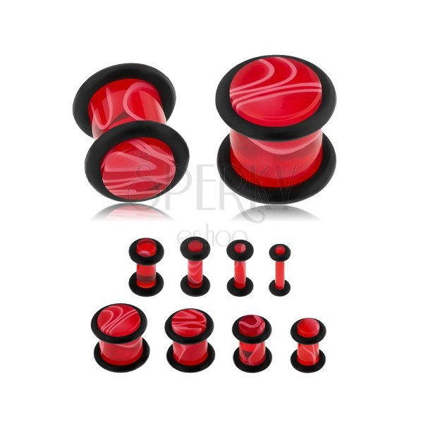 Akrylowy plug do ucha, czerwony kolor, marmurowy wzór, czarne gumeczki