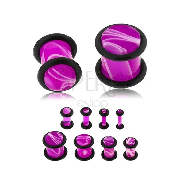 Plug do ucha z akrylu fioletowego koloru, biały marmurowy wzór, dwie gumeczki