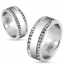 Stalowy pierścionek srebrnego koloru, krawędzie wyłożone przejrzystymi cyrkoniami, 8 mm
