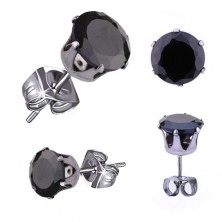 Kolczyki ze stali chirurgicznej, srebrny kolor, czarna okrągła cyrkonia, 4 mm